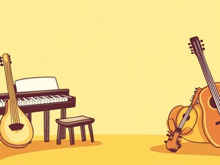 Sticker - A colorful illustration of various musical instruments arranged in a bright setting.