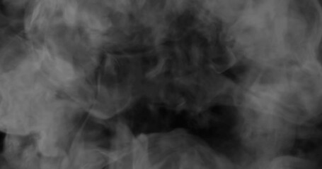 Wall Mural - black and white smoke explosion slowly floating through space against black background
