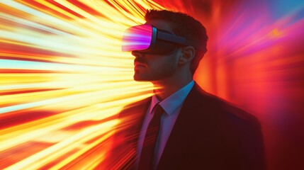 Poster - Handsome business man with long hair in VR glasses. Blurred spectacular background in motion