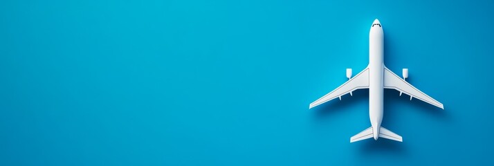 Poster - Minimalist picture of a white airplane model over a blue background with copy space. Perfect for travel and tourism related concepts