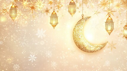 Decorative golden crescent and lantern on a white background with ornate patterns, evoking spirituality and cultural traditions.