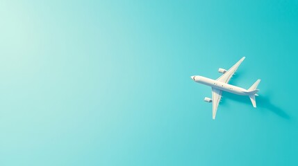 Poster - White passenger airplane is flying across a clear blue sky on a sunny day. There is plenty of copy space for travel advertising