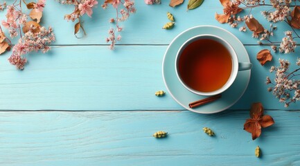 Sticker - A tranquil cup of herbal tea placed on a rustic blue wooden table with autumn leaves and spices