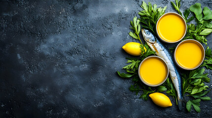 Fish Oil, Lemon and Parsley on a Black Background, omega 3, omega-3, healthy, food, supplement