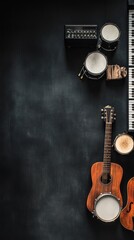 Poster - A collection of musical instruments arranged on a dark surface, inviting creativity and play.