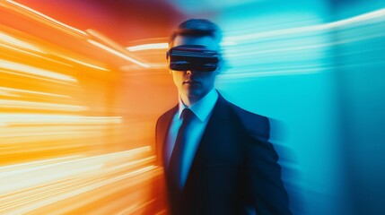 Poster - Handsome business man with long hair in VR glasses. Blurred spectacular background in motion