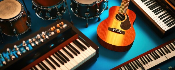 Canvas Print - A vibrant arrangement of musical instruments including drums, a guitar, and keyboards.