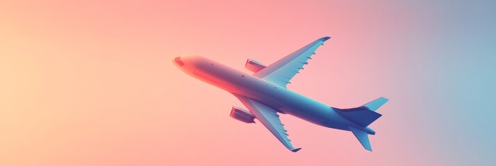Poster - White passenger airplane gracefully soars through a clear sky, surrounded by a stunning pink and blue sunset gradient, embodying the excitement of travel and adventure