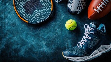 Canvas Print - A collection of sports equipment including a tennis racket, balls, shoes, and footballs.