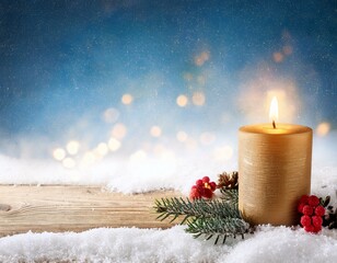 Wall Mural - christmas candle in winter snow landscape with magic lights xmas panorama banner first advent sunday wood background with copy space