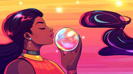 Woman Blowing a Crystal Ball, female, girl, black woman, african american, afro