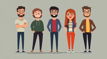 diverse group of five cartoon characters with unique styles, standing together on a neutral backgrou