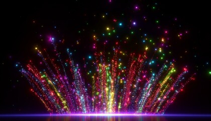 festive 3d animation multicolored magical sparks appear on the floor shimmering and sparkling like glitter in the dark rising and flying up and disappear new year party fireworks