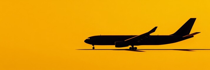 Poster - Silhouette of large airplane taxiing on vibrant yellow runway, perfect for travel and aviation concepts. Ideal for messages about holidays, business trips, or international travel