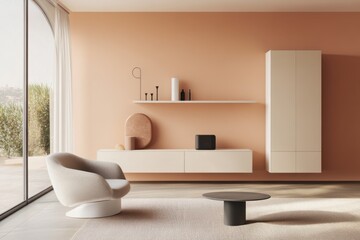 Poster - A minimalist interior scene with peach-colored walls, white cabinets and furniture, sleek black surfaces, and soft lighting casting gentle shadows on the wall.