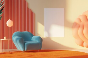Poster - Blue armchair stands in the center of an orange carpet, against a wall with pink curtains, and on top is a poster frame. Modern furniture, there is a lamp next to it, bright atmosphere, minimalism