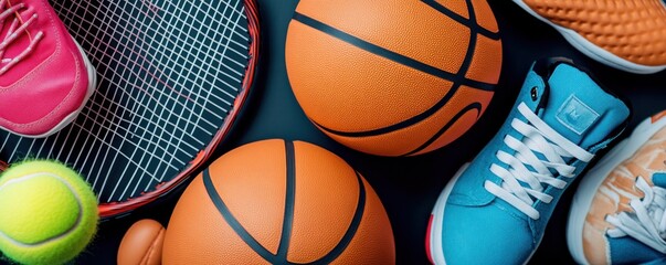 Wall Mural - A vibrant arrangement of sports equipment including basketballs, tennis balls, and shoes.