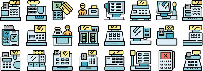 Poster - Collection of icons representing cashiers processing transactions, accepting credit card payments, and managing sales at cash registers