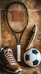 Sticker - A tennis racket, soccer ball, and sports shoes arranged on a tiled surface.