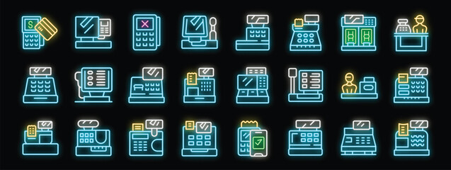 Poster - Bright neon icons representing various point of sale systems, cash registers, and payment methods, highlighting modern retail transactions