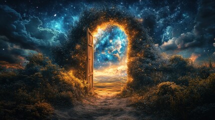 Wall Mural - open doorway to a cosmic landscape, blending fantasy and reality. concept of imagination, discovery,