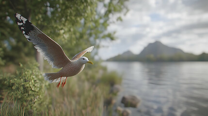 Wall Mural - Seagull Flying Over Lake, Bird, Water, Nature, Wildlife, Animal