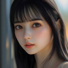 a young Japanese woman, a portrait shows her head and neck with soft, She has smooth, fair skin, dark straight hair with soft bangs, and a gentle, friendly expression