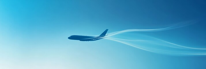 Poster - Silhouette of airplane soaring high in clear blue sky, leaving white trail. Evokes travel, adventure, freedom. Perfect for backgrounds