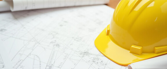 yellow protective helmet lies on a sketch of plans for construction, project drawing, architectural project, construction site, industrial background