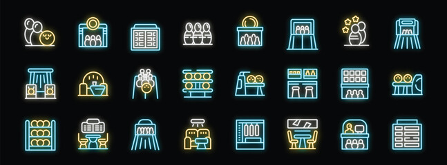 Poster - neon icons representing various aspects of bowling, from balls and pins to alleys and scoring, captu