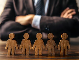 Poster - Teamwork Concept with Wooden Figures and Businessman