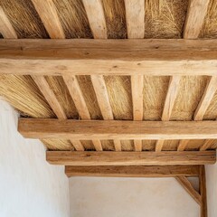 Wooden beams with straw accents, natural materials, rustic architecture