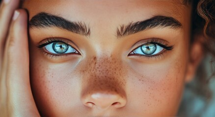 Sticker - Close up portrait of a young woman with striking eyes and natural freckles on her face