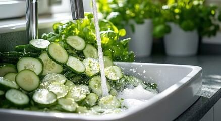 Poster - Bright and airy kitchen with a large farmhouse sink and abundant greenery in sunlight