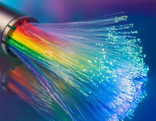 Close-up of an bundle of optical fibre cables in colorful rainbow light.