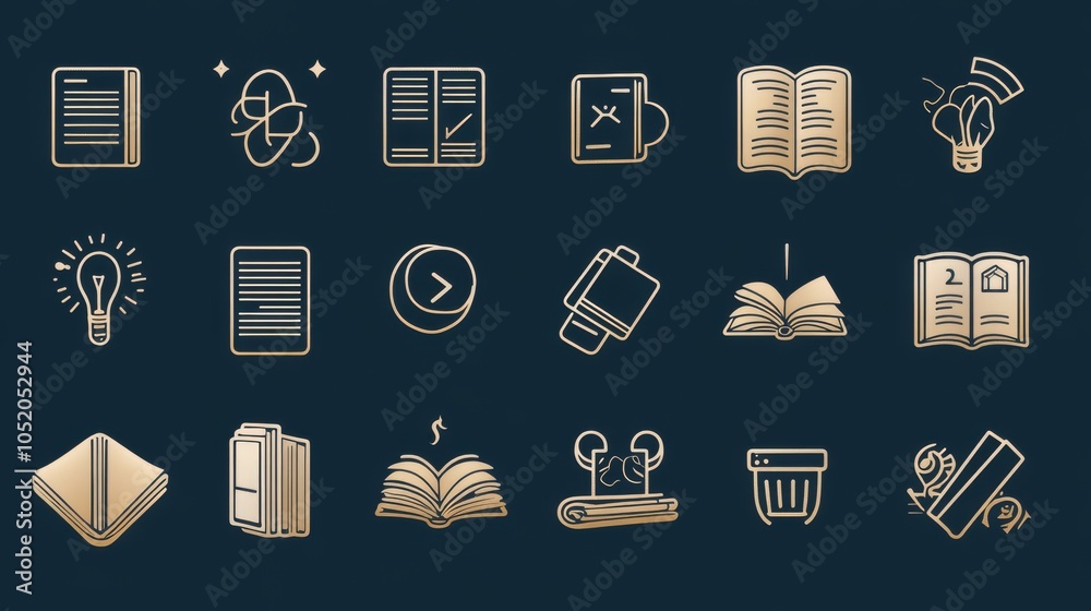 Brochure catalog icon set with thin line designs for flyers, magazines ...