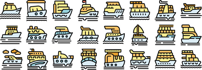Poster - Yacht icons set. Outline set of yacht vector icons thin line color flat isolated on white background