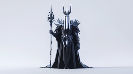 Wall Mural - 3d render, low poly style of a lich king with a staff and a crown, on isolated white background, generative ai. Lich King. Illustration