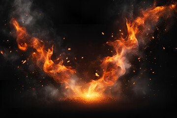 Background with fire sparks, embers and smoke. Overlay effect of burn coal, grill, hell or bonfire with flame glow, flying orange sparkles and fog on black background, vector realistic illustration