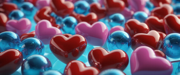 Wall Mural - Red and Pink Hearts on Blue Background