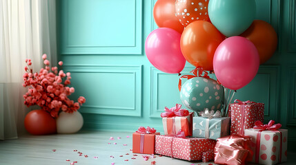 Sticker - Colorful Balloons and Gifts on Mint Green Wall - Illustration