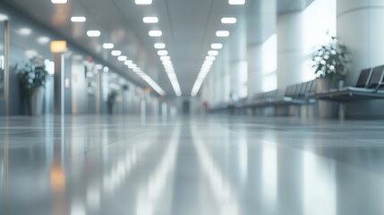 Aufkleber - The camera is positioned at floor level in an empty airport terminal, emphasizing the shiny floor reflecting the lights and creating a sense of vastness and modern architecture