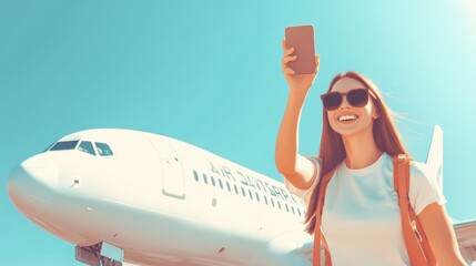 Aufkleber - Excited woman taking selfie at airport before flight, eager to share vacation on social media. Smiling, ready to board, blue sky and airplane in background