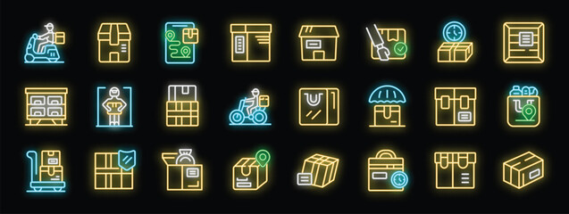 Poster - Neon icons representing various aspects of parcel delivery, including couriers transporting packages, storage, tracking, and diverse box types