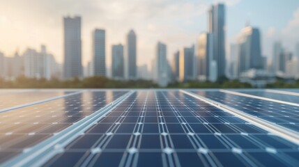 Cityscape with Solar Panels and Skyscrapers in Background