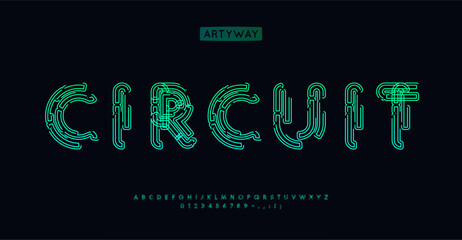 Poster - Circuit alphabet, intricate schematic letters, futuristic font for cyber security logo, virtual network headline, HUD, innovative tech typographic design, robotic high-tech typography. Vector typeset