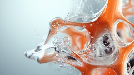 An abstract creative expression of a liquid form in orange tones with dynamic motion and bubbles, symbolizing fluidity, energy, and artistic innovation in design.