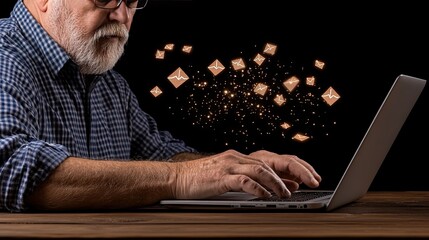 Poster - A man types on his laptop, navigating email security with virtual alerts and icons in a dark office environment