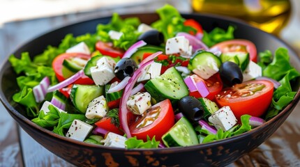 Greek salad made with fresh lettuce, tomatoes, cucumbers, red onions, olives, and feta cheese, making a healthy and vibrant meal