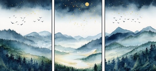 Wall Mural - An abstract arrangement of landscapes, mountains, night, milky way, moon. Posters. A watercolor illustration set with gray, blue, navy, ivory and beige colors and gold elements. Modern wall art.